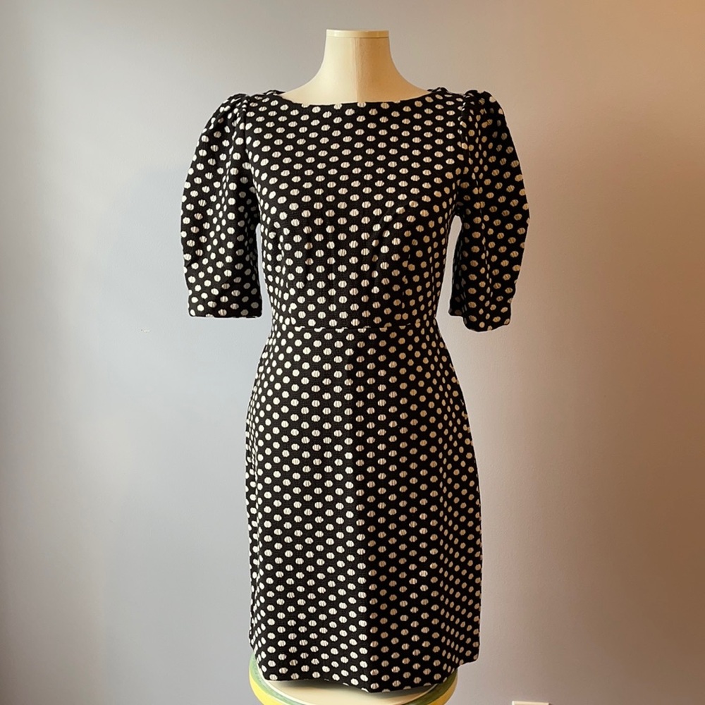 POLKA DOT PLEATED PUFF SLEEVE SHEATH DRESS